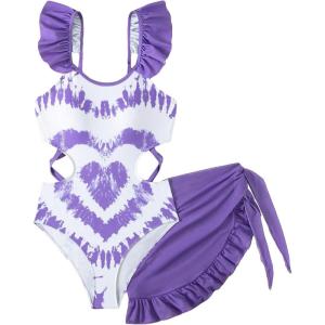 imageFloerns Girls Cut Out Ruffle Trim One Piece Swimsuit with Cover Up SkirtsPurple