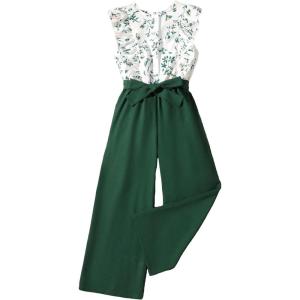 imageFloerns Girls Floral Print Sleeveless Ruffle Trim Belted Pants JumpsuitGreen