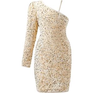 imageFloerns Girls One Shoulder Long Sleeve Sequin Party Bodycon Short DressApricot