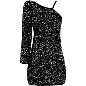 imageFloerns Girls One Shoulder Long Sleeve Sequin Party Bodycon Short DressBlack