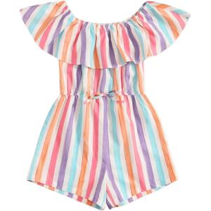 imageFloerns Girls Ruffle Trim Knot Foldover Elastic Waist Rainbow Striped Romper Short JumpsuitPink Striped