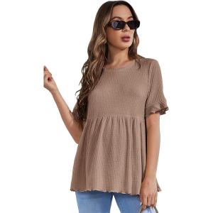 imageFloerns Womens Casual Maternity Top Short Sleeve Ruffle Hem Peplum T ShirtCamel