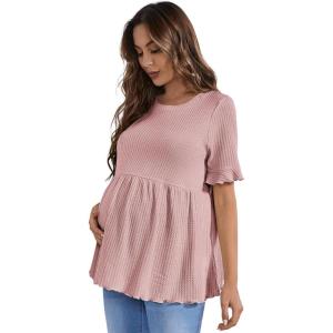 imageFloerns Womens Casual Maternity Top Short Sleeve Ruffle Hem Peplum T ShirtSweet Pink