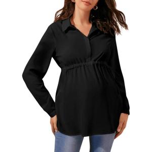 imageFloerns Womens Drawstring Waist Button Front Long Sleeve Pregnancy Blouse TopA Black
