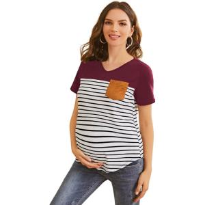 imageFloerns Womens Maternity Colorblock Striped Print Short Sleeve Tee Shirt TopsRed Striped