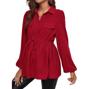 imageFloerns Womens Maternity Lantern Long Sleeve Drawstring Waist Peplum Blouse TopBurgundy