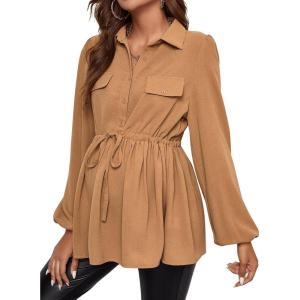 imageFloerns Womens Maternity Lantern Long Sleeve Drawstring Waist Peplum Blouse TopKhaki