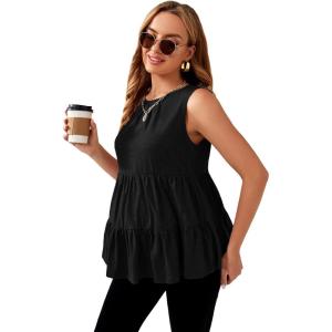 imageFloerns Womens Maternity Sleeveless Ruffle Hem Ruched Peplum Tank TopsBlack