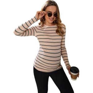 imageFloerns Womens Maternity Striped Print Long Sleeve Rib Knit Casual Tee ShirtApricot