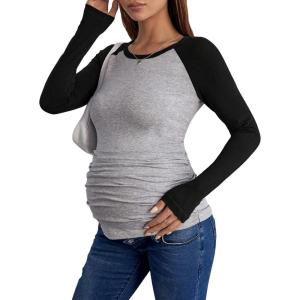 imageFloerns Womens Maternity Striped Print Long Sleeve Rib Knit Casual Tee ShirtBlack and Grey