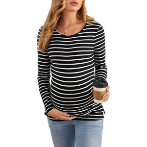 imageFloerns Womens Maternity Striped Print Long Sleeve Rib Knit Casual Tee ShirtBlack and White