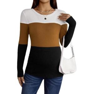 imageFloerns Womens Maternity Striped Print Long Sleeve Rib Knit Casual Tee ShirtWhite Brown Black