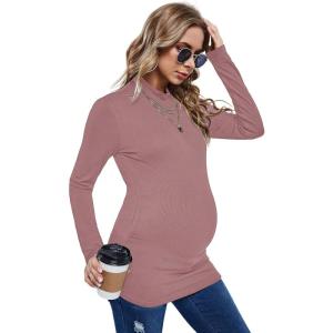 imageFloerns Womens Maternity Tops Mock Neck Long Sleeve Ribbed Knit Tee ShirtRose Red