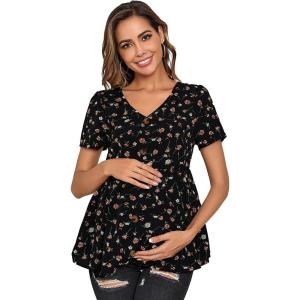 imageFloerns Womens Maternity V Neck Short Sleeve Button Front Peplum Blouse TopBlack