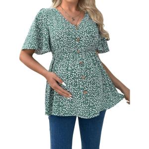imageFloerns Womens Maternity V Neck Short Sleeve Button Front Peplum Blouse TopGreen a