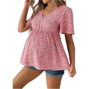 imageFloerns Womens Maternity V Neck Short Sleeve Button Front Peplum Blouse TopPink B