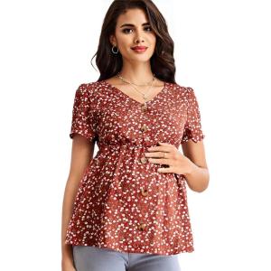 imageFloerns Womens Maternity V Neck Short Sleeve Button Front Peplum Blouse TopRed
