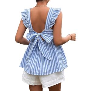 imageFloerns Womens Striped Print Boat Neck Tie Back Sleeveless Maternity Peplum Blouse TopsBlue and White