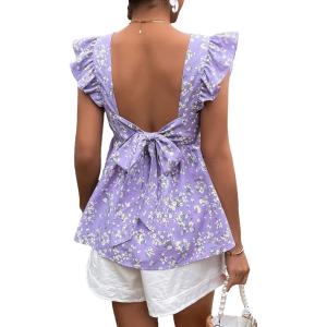 imageFloerns Womens Striped Print Boat Neck Tie Back Sleeveless Maternity Peplum Blouse TopsLilac Purple