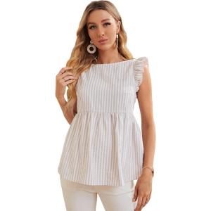 imageFloerns Womens Striped Print Boat Neck Tie Back Sleeveless Maternity Peplum Blouse TopsWhite Multi