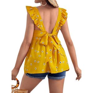 imageFloerns Womens Striped Print Boat Neck Tie Back Sleeveless Maternity Peplum Blouse TopsYellow