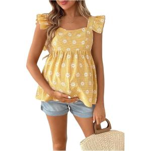 imageFloerns Womens Striped Print Boat Neck Tie Back Sleeveless Maternity Peplum Blouse TopsYellow Floral