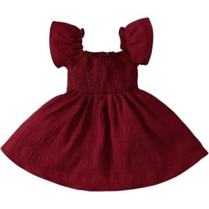 imageFloerns Baby Girls Square Neck Shirred Short Sleeve Boho Flared Hem DressBurgundy