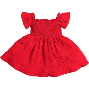 imageFloerns Baby Girls Square Neck Shirred Short Sleeve Boho Flared Hem DressRed