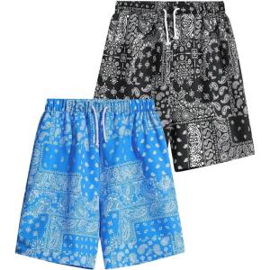 imageFloerns Boys 2 Pcs Boho Paisley Print Drawstring Waist Summer Beach Shorts with PocketsBlack and Blue