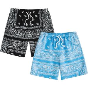 imageFloerns Boys 2 Pcs Boho Paisley Print Drawstring Waist Summer Beach Shorts with PocketsBlue  Black Paisley