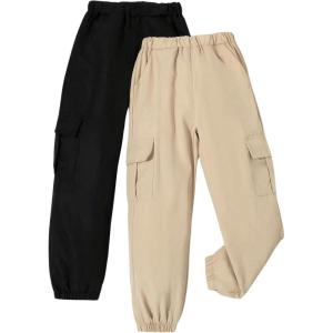 imageFloerns Girls 2 Pcs Casual Elastic Waist Chain Detail Jogger Cargo PantsBlack and Beige