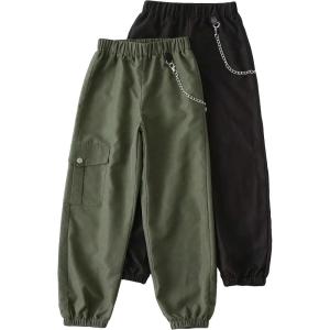 imageFloerns Girls 2 Pcs Casual Elastic Waist Chain Detail Jogger Cargo PantsBlack and Green