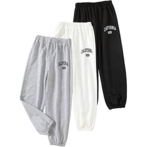imageFloerns Girls 3 Pcs Letter Graphic Print High Waisted Sweatpants Jogger PantsBlack Grey