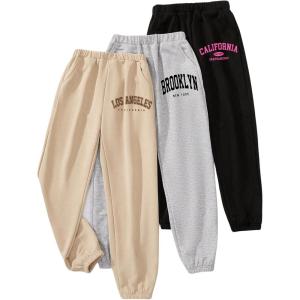 imageFloerns Girls 3 Pcs Letter Graphic Print High Waisted Sweatpants Jogger PantsBlack Grey Khaki