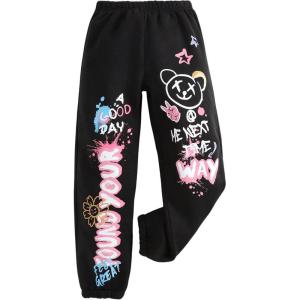imageFloerns Girls Graphic Print Elastic Waist Sweatpants Casual Athletic Jogger Pants SweatpantsBlack