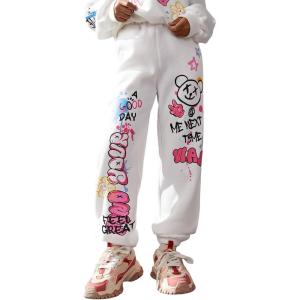 imageFloerns Girls Graphic Print Elastic Waist Sweatpants Casual Athletic Jogger Pants SweatpantsWhite Cartoon