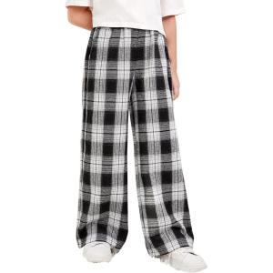 imageFloerns Girls Plaid Print Drawstring Waist Loose Fit Straight Leg PantsBlack Plaid