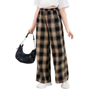 imageFloerns Girls Plaid Print Drawstring Waist Loose Fit Straight Leg PantsBrown Black