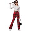 imageFloerns Girls Plaid Tartan Print Elastic Waist Bell Bottom Flare Leg Long PantsRed