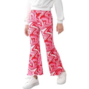 imageFloerns Girls Plaid Tartan Print Elastic Waist Bell Bottom Flare Leg Long PantsHot Pink