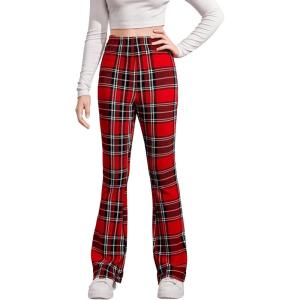 imageFloerns Girls Plaid Tartan Print Elastic Waist Bell Bottom Flare Leg Long PantsRed