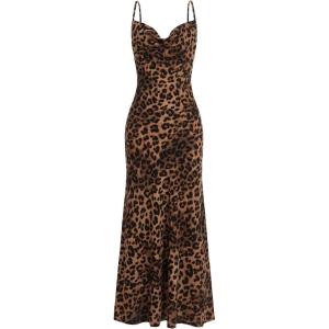 imageFloerns Womens Leopard Print Draped Collar Spaghetti Strap Cami Long DressBrown