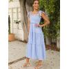 imageFloerns Womens Floral Print Tie Strap Square Neck Ruffle Boho Maxi DressBlue and White