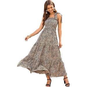 imageFloerns Womens Floral Print Tie Strap Square Neck Ruffle Boho Maxi DressA Leopard