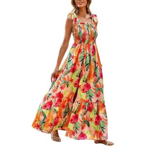 imageFloerns Womens Floral Print Tie Strap Square Neck Ruffle Boho Maxi DressApricot Tropical