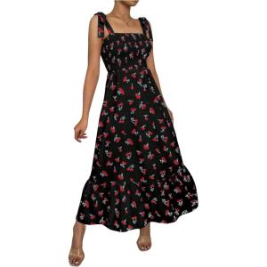 imageFloerns Womens Floral Print Tie Strap Square Neck Ruffle Boho Maxi DressBlack Cherry