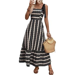 imageFloerns Womens Floral Print Tie Strap Square Neck Ruffle Boho Maxi DressBlack Geo