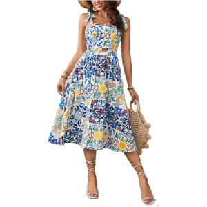 imageFloerns Womens Floral Print Tie Strap Square Neck Ruffle Boho Maxi DressBlue Floral
