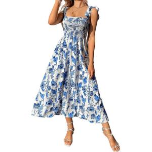imageFloerns Womens Floral Print Tie Strap Square Neck Ruffle Boho Maxi DressBlue White