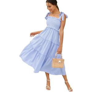 imageFloerns Womens Floral Print Tie Strap Square Neck Ruffle Boho Maxi DressBlue and White